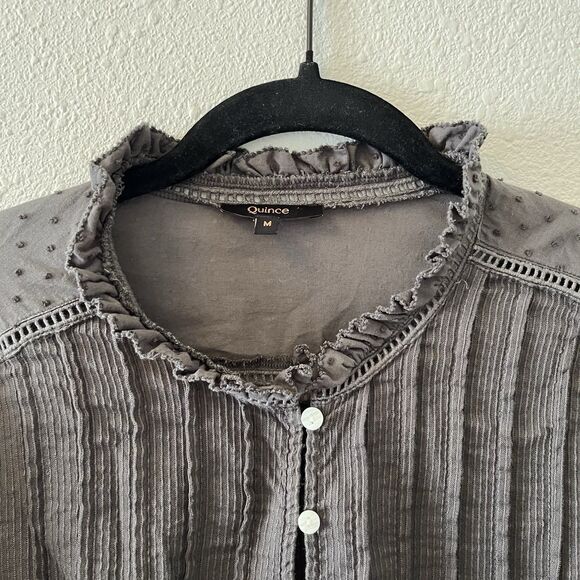 Quince Women's Top Med Textured Organic Cotton Peasant Blouse Charcoal Gray - Picture 3 of 16